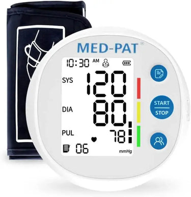Med-Pat Blood Pressure Monitor displaying readings with large screen for easy visibility and accurate health tracking.